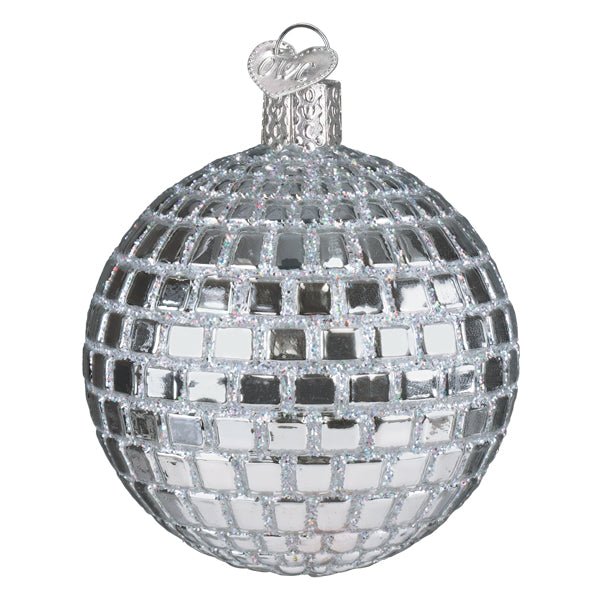 Silver disco ball ornament with glittered square tiles and a silver cap, on white