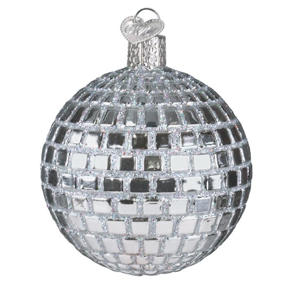 Second side of the disco ball ornament showing rows of silver tiles, on white