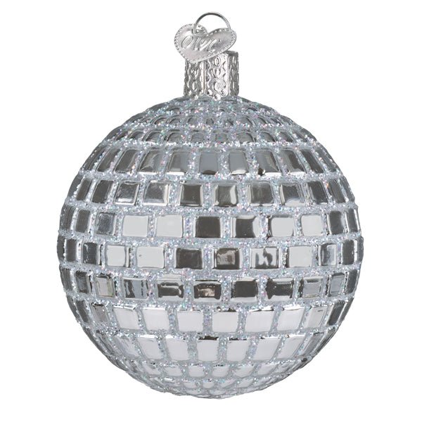 Third angle of the silver disco ball ornament with sparkling tile rows, on white