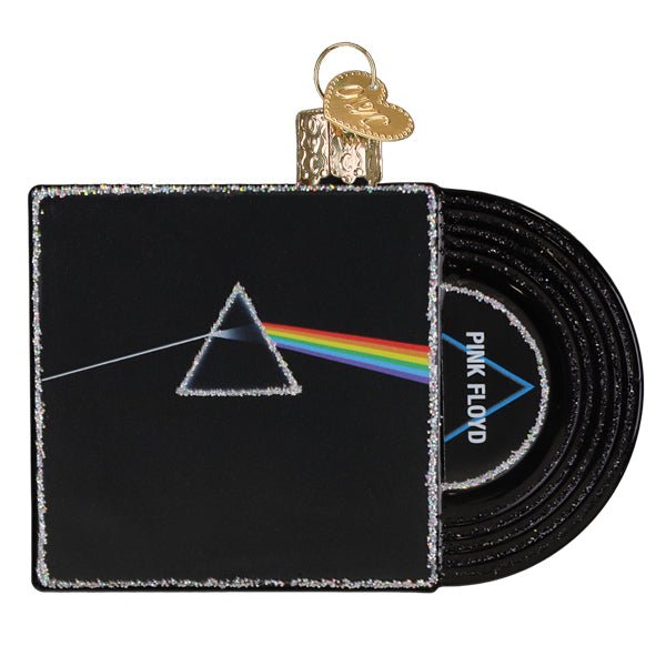 Front of the Dark Side of the Moon album ornament with prism, rainbow, and black vinyl record, on white