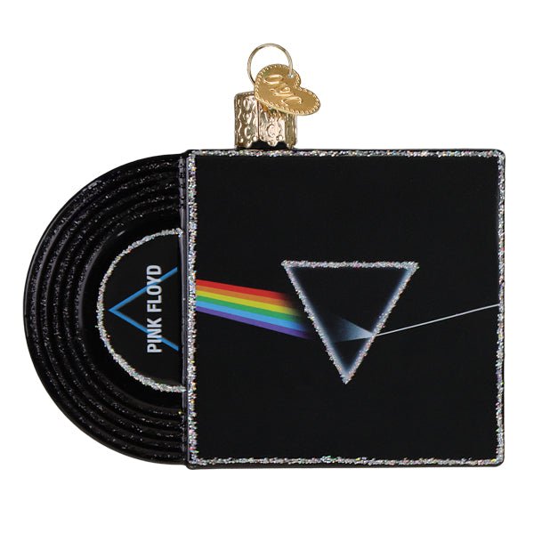 Back of the album ornament showing the reversed prism and the Pink Floyd record label, on white