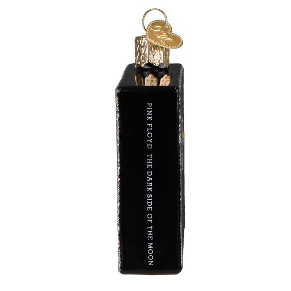 Spine view of the black album sleeve ornament printed with the album title, on white