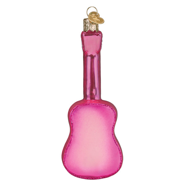 Back view of the pink guitar ornament showing a smooth glossy pink body