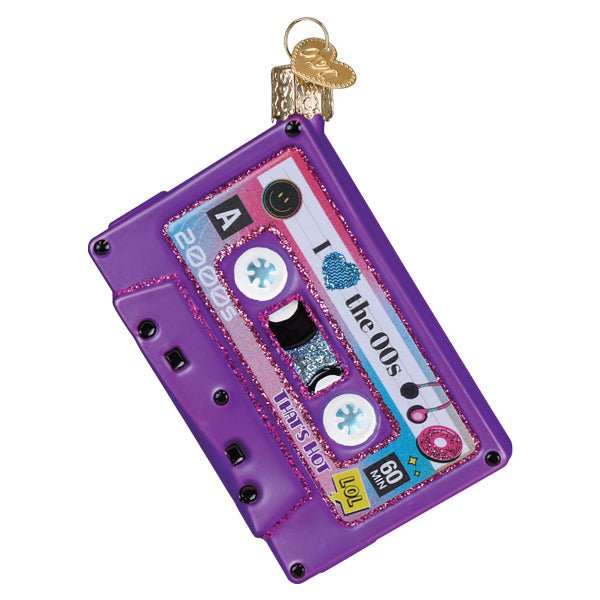 Purple I Love the 00s cassette tape ornament, side A with snowflake reels and stickers, on white