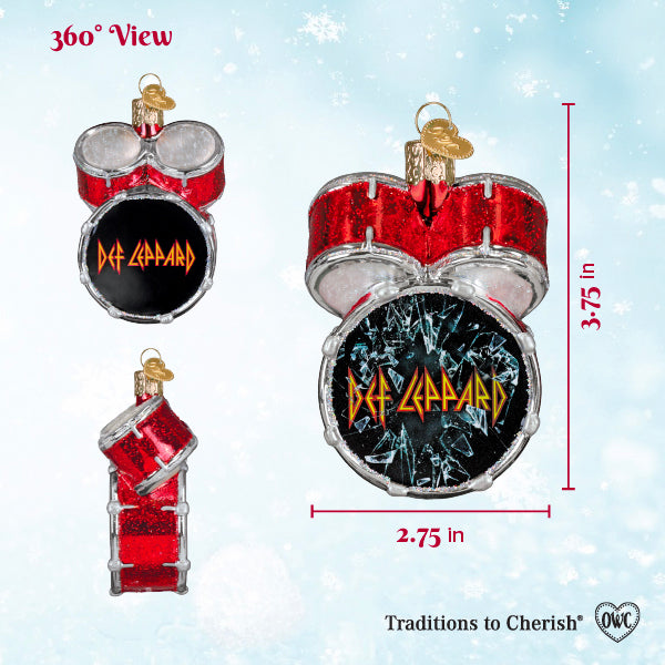 360 view sizing chart for the Def Leppard drum ornament showing height and width