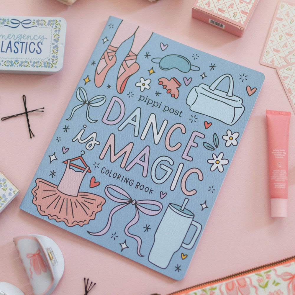 Dance is Magic coloring book styled with ballet accessories on pink, a gift for dancers