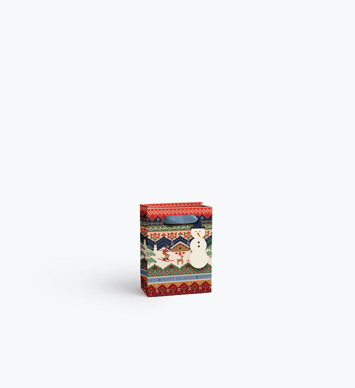 Medium Ski Chalet holiday gift bag with Happy Holidays band, skiers, and reindeer in cozy sweater print