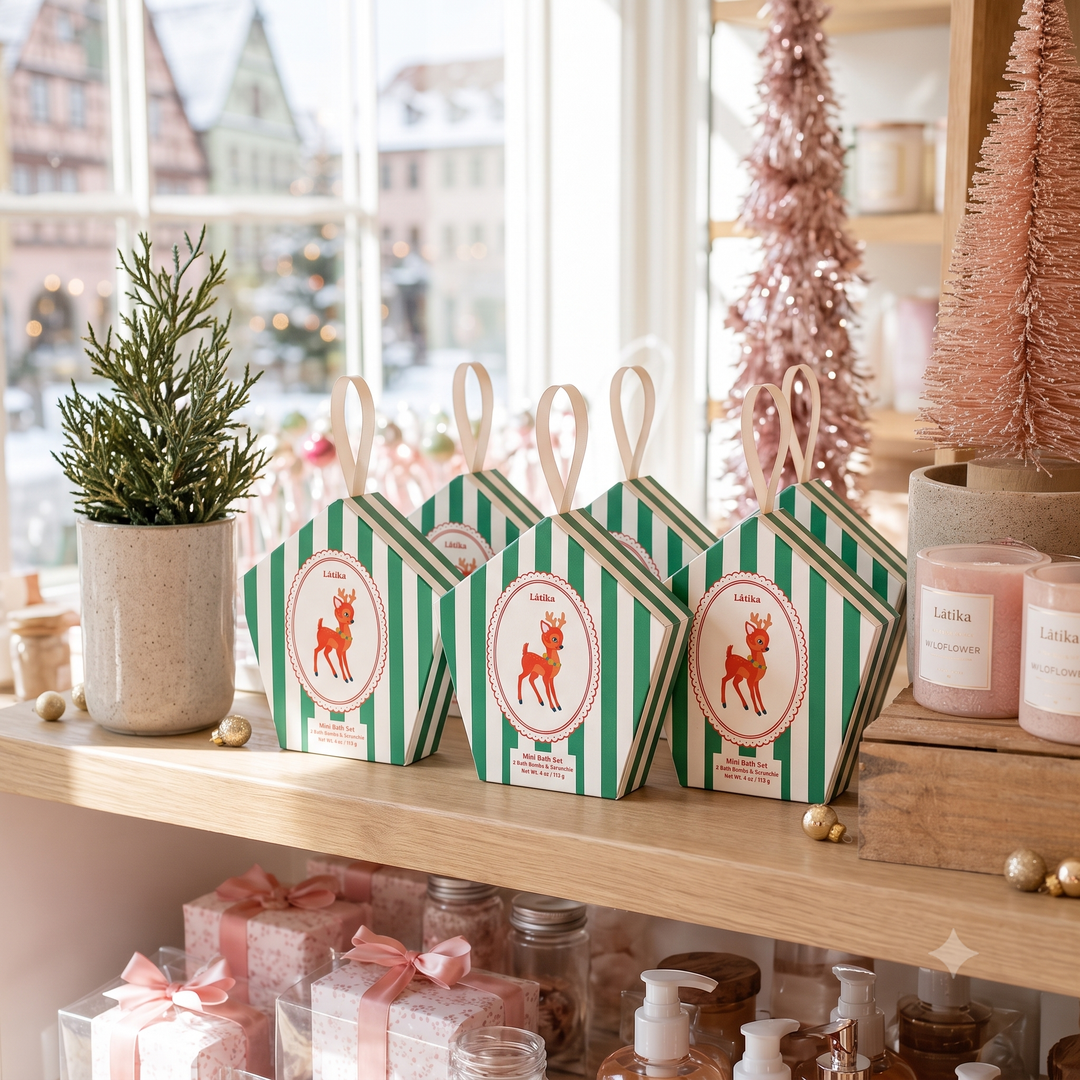 Three green striped deer ornament boxes in a snowy shop window with pink bottle brush trees for Christmas shopping