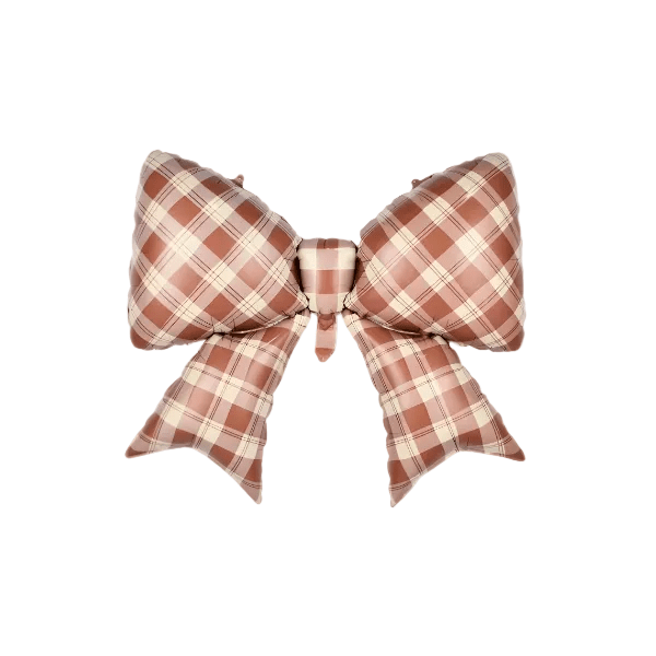 Gingham brown bow foil balloon in cozy check for a teddy bear picnic or fall birthday
