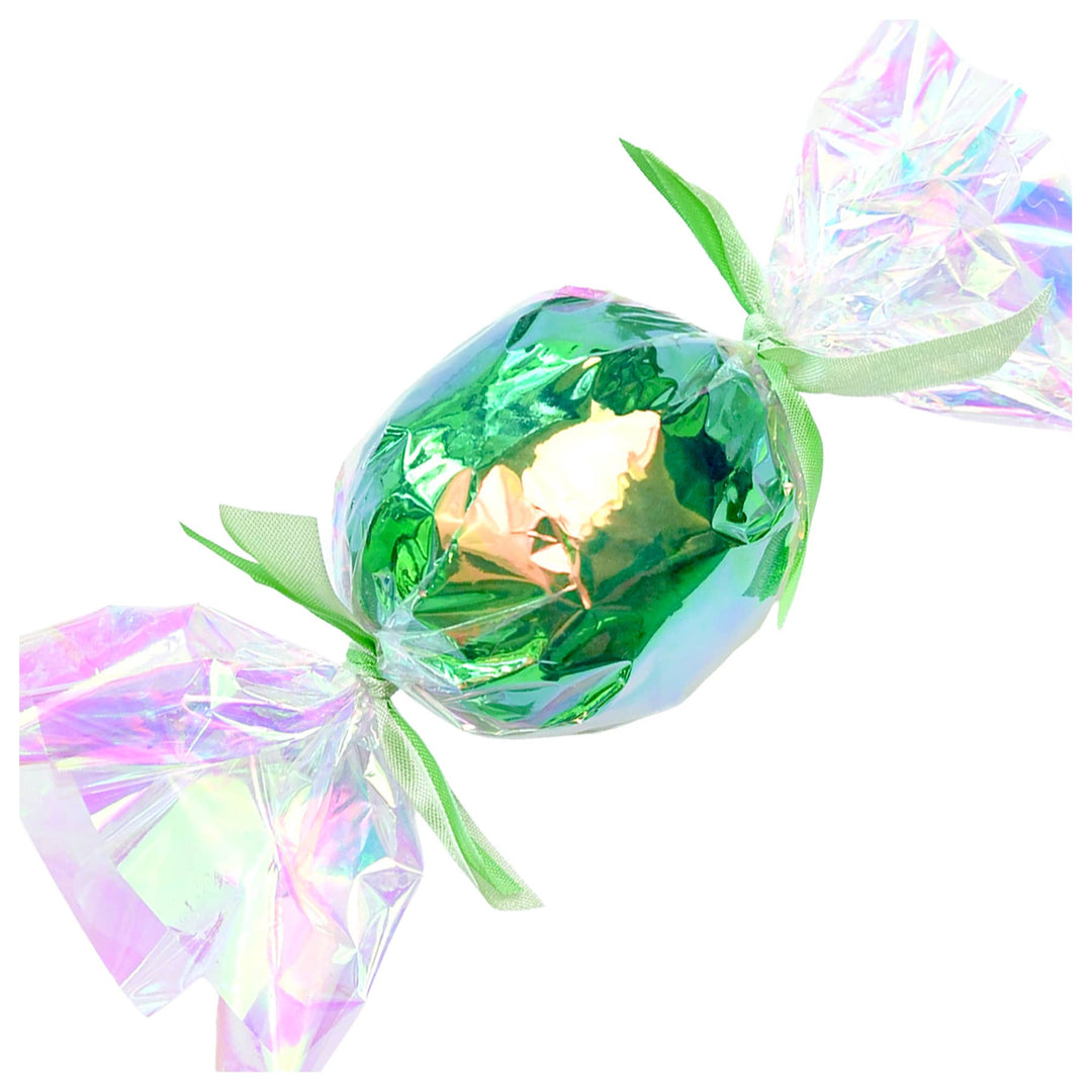 Green foil bon bon surprise ball wrapped in shimmer cellophane with light green ribbon ties for the holidays