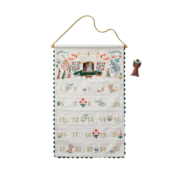 Nativity fabric advent calendar hanging with embroidered manger scene, 25 pockets, green ric rac, and angel figurine
