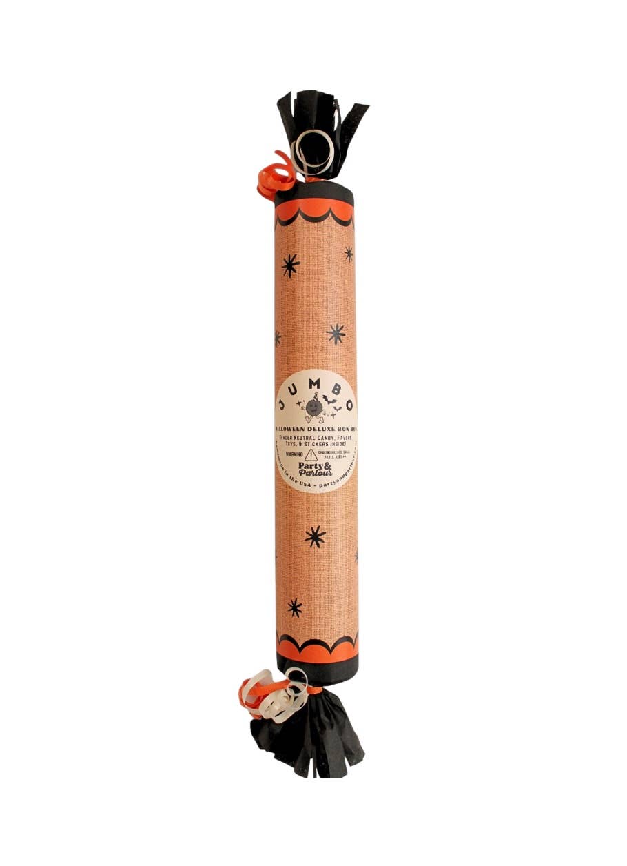 Kraft vintage jumbo Halloween surprise bon bon with black starbursts and orange scallop trim for a vintage Halloween party