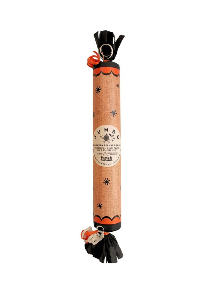 Kraft vintage jumbo Halloween surprise bon bon with black starbursts and orange scallop trim for a vintage Halloween party