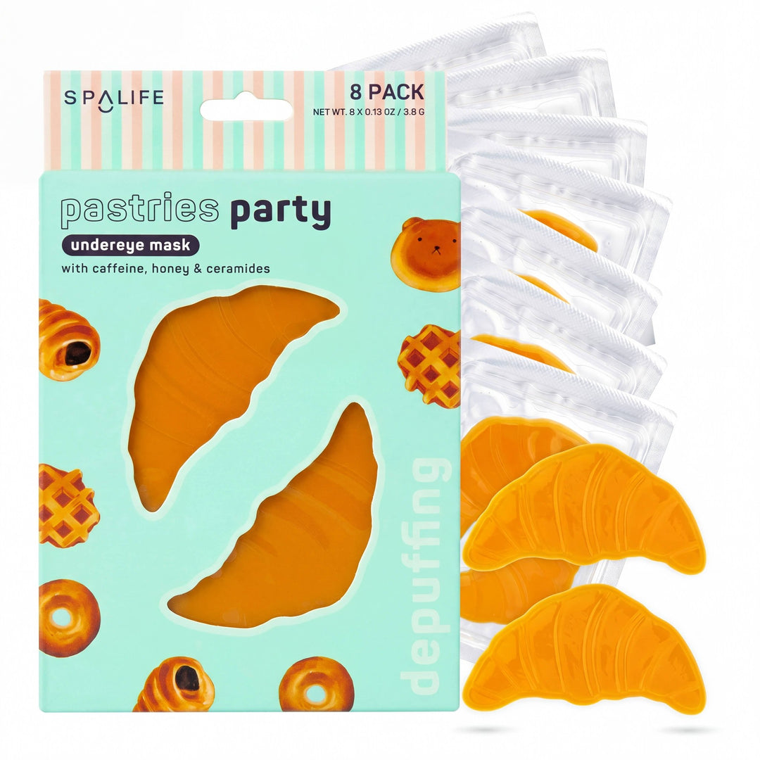 Pastries Party under eye mask box in mint with croissant shaped patches and foil packets fanned out, a fun party favor