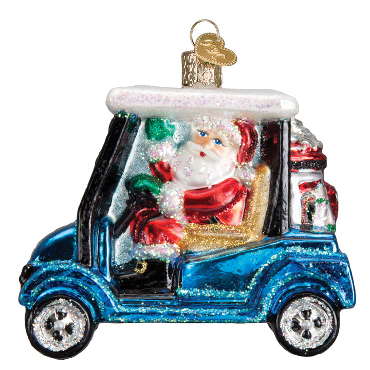 Santa waving from a blue golf cart glass ornament with white roof and red golf bag, side view on white