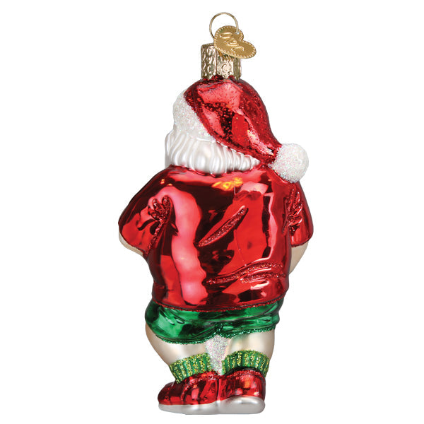 Back of the pickleball Santa ornament showing his red hat and red tee, on white