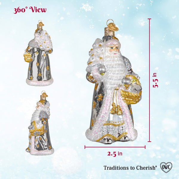360 view chart of the Sterling Santa ornament marked 5.5 inches high and 2.5 inches wide
