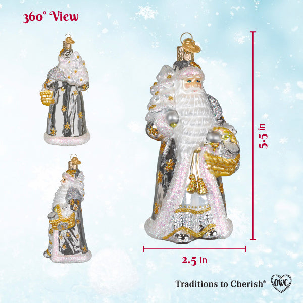 360 view chart of the Sterling Santa ornament marked 5.5 inches high and 2.5 inches wide