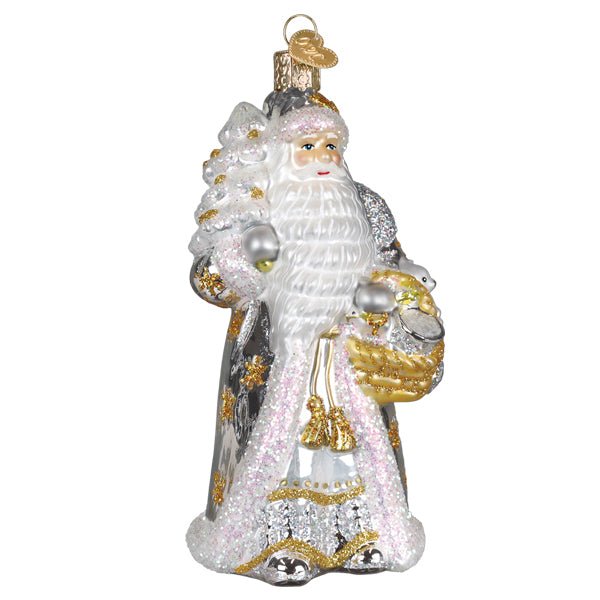 Sterling Santa glass ornament, front view, silver robe with gold stars, white beard, tree, and gold basket, on white