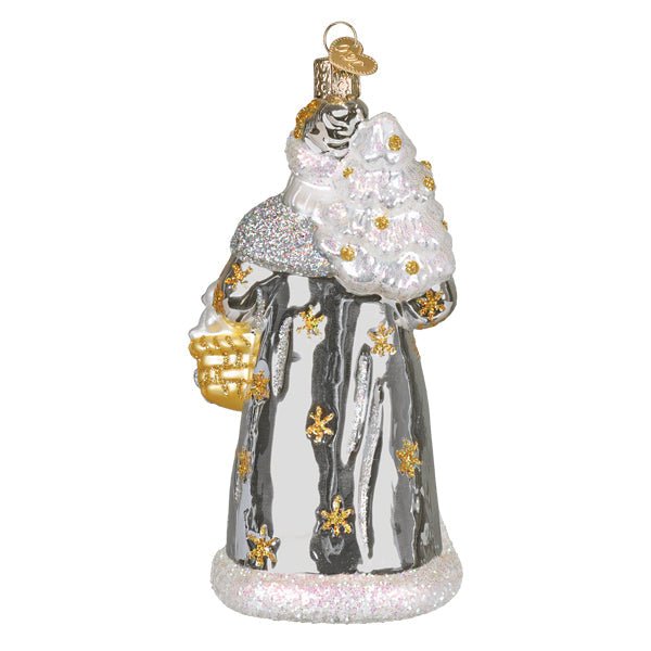 Back view of the Sterling Santa ornament with his silver robe, gold stars, and white hood trim