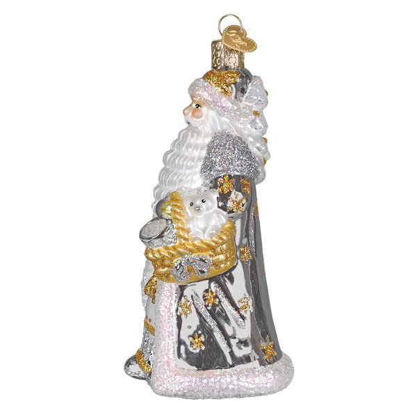 Side view of the silver Santa ornament showing the gold basket and glittered white fur trim