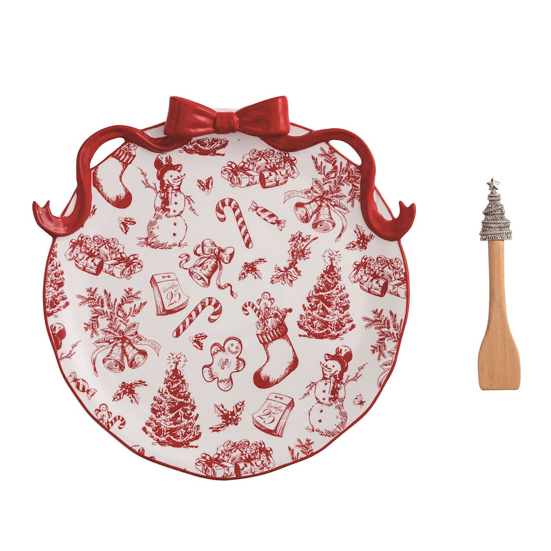 BOW CHRISTMAS PLATE & SPREADER SET Mud Pie Christmas Holiday Kitchen & Entertaining BOW CHRISTMAS PLATE & SPREADER SET Bonjour Fete - Party Supplies