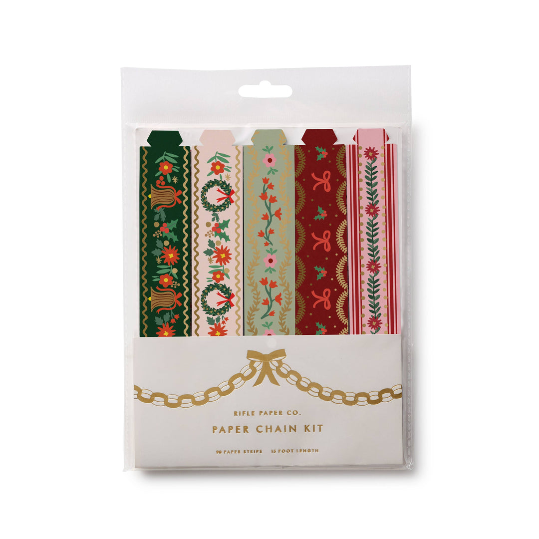 Holly Jolly paper chain kit package showing five festive strip designs in green, cream, sage, burgundy, and pink
