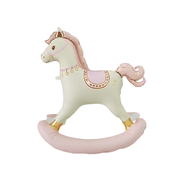Pink rocking horse foil balloon with blush mane and gold hooves for a baby shower