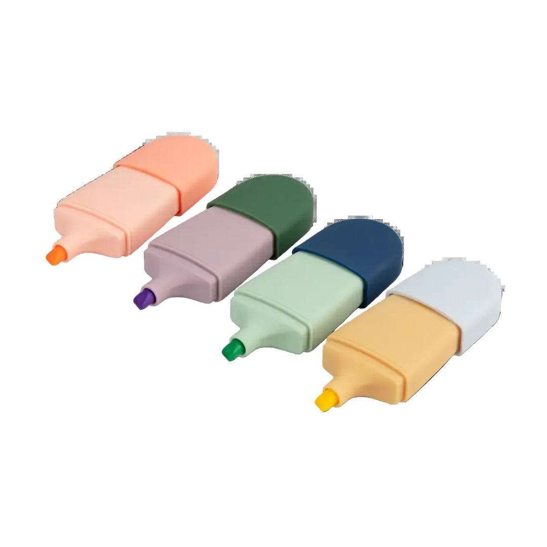 Four mini highlighters in peach, green, navy, and yellow two tone shells, a back to school set