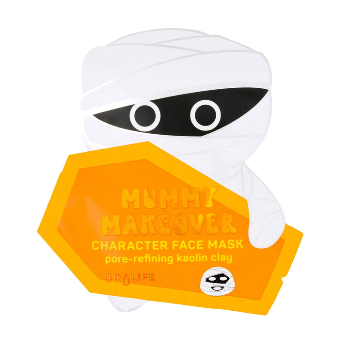 Mummy Makeover character face mask pouch shaped like a wrapped mummy with kaolin clay, a fun Halloween treat