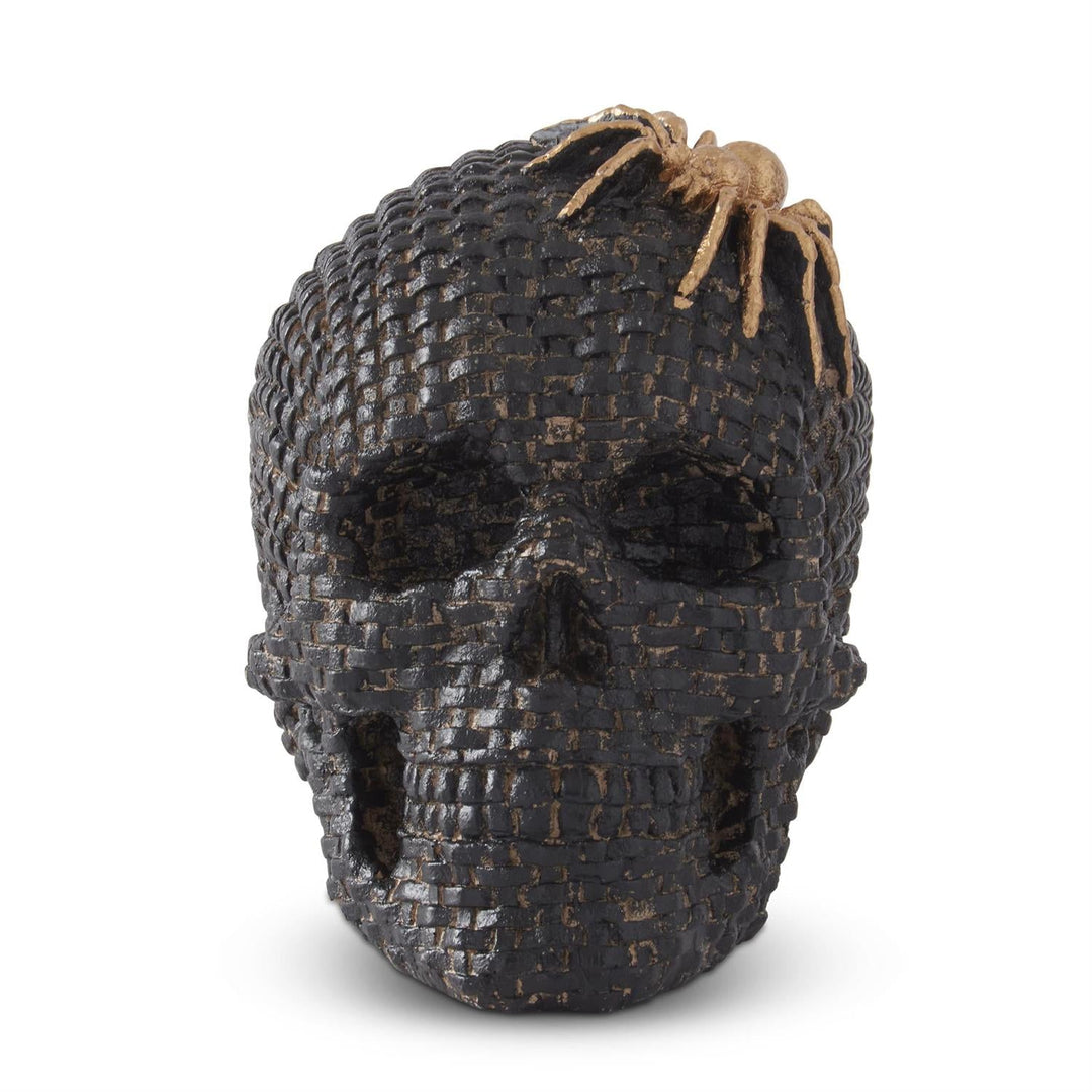 BLACK WOVEN SKULL WITH GOLD SPIDER K&K Interiors Halloween Home Decor BLACK WOVEN SKULL WITH GOLD SPIDER Bonjour Fete - Party Supplies