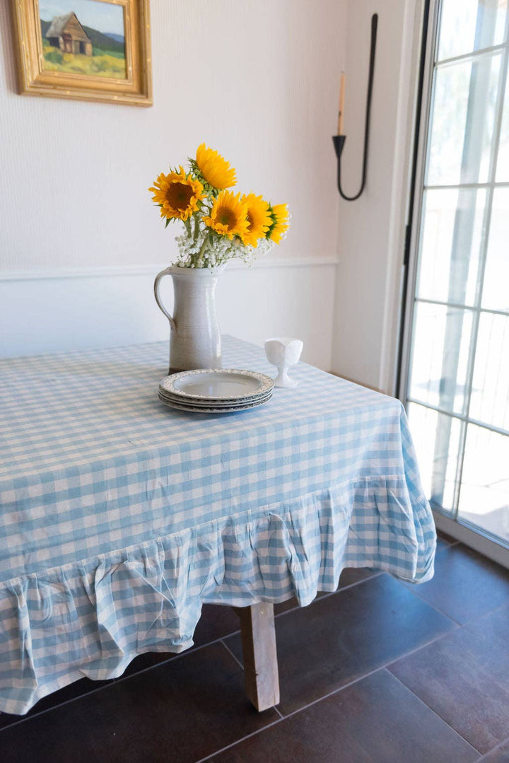 Blue Ruffled Gingham Tablecloth: 60" x 90" Galley and Fen Blue Ruffled Gingham Tablecloth: 60" x 90" Bonjour Fete - Party Supplies