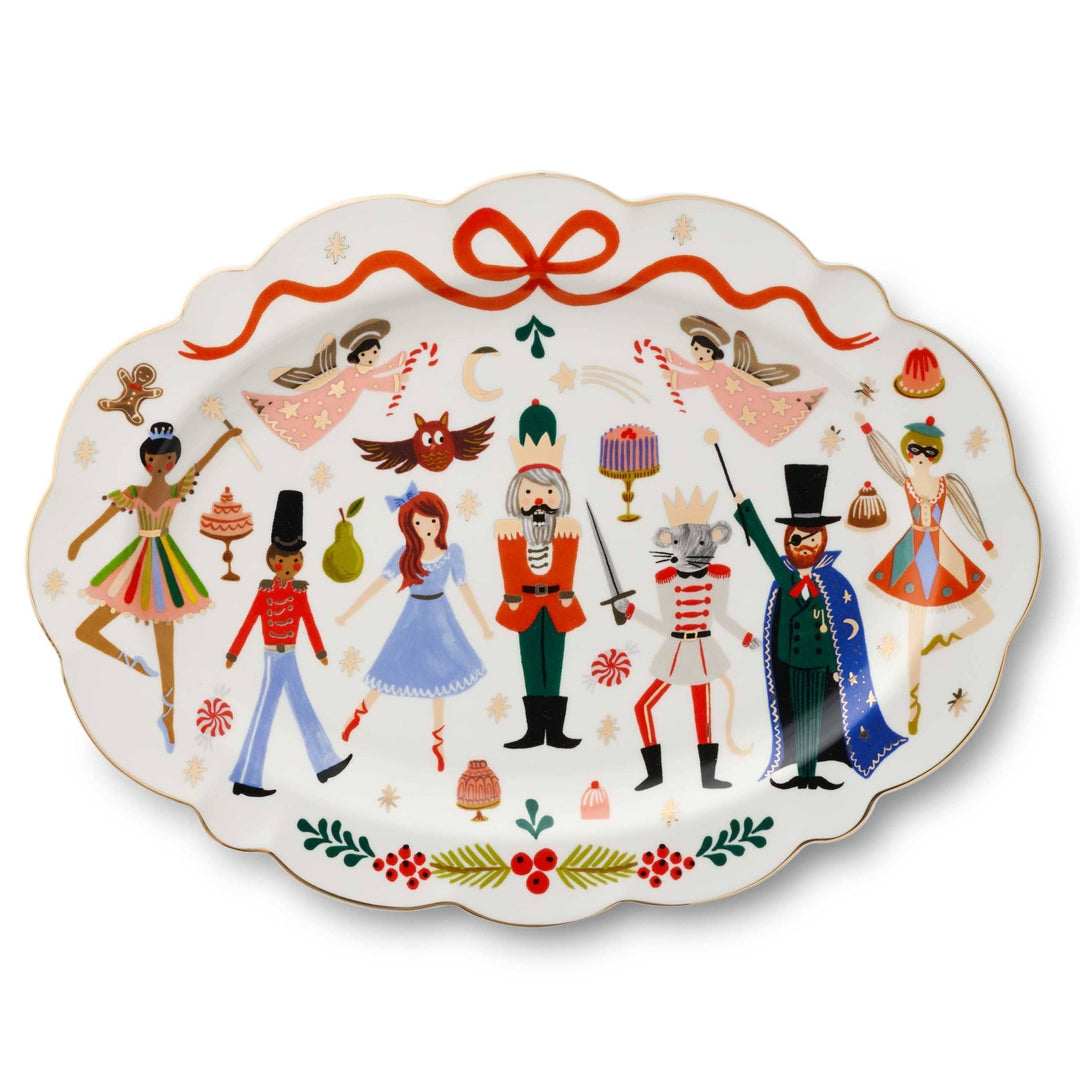 Oval Nutcracker porcelain platter with full ballet cast illustration, red ribbon, holly, and gold scalloped edge