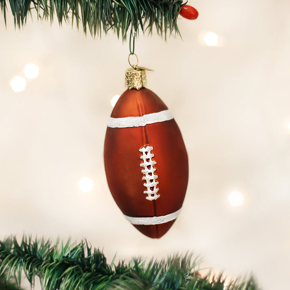 Brown football ornament hanging from a green tree branch with blurred lights behind