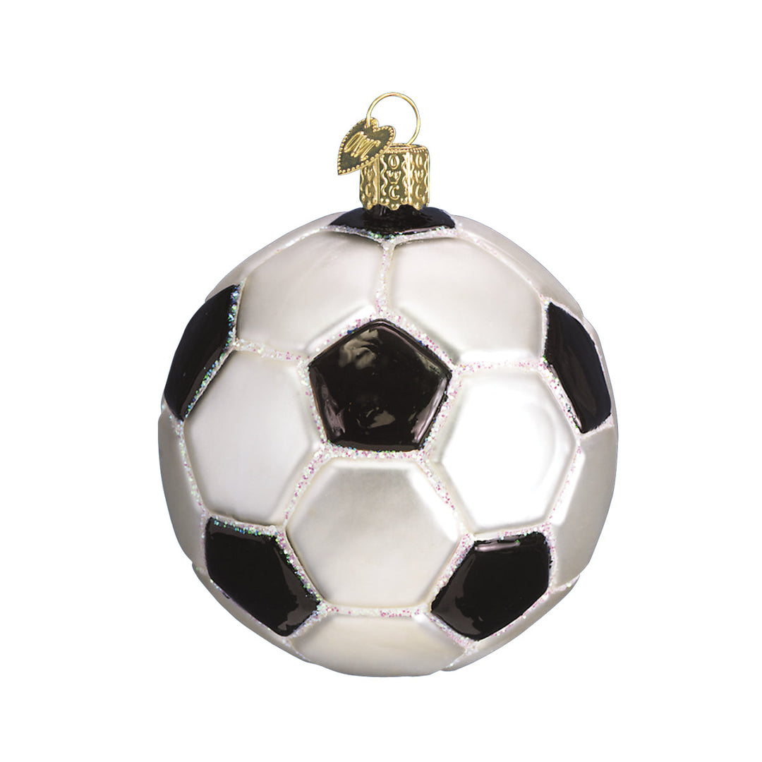 Black and white soccer ball glass ornament with gold cap, front view on white