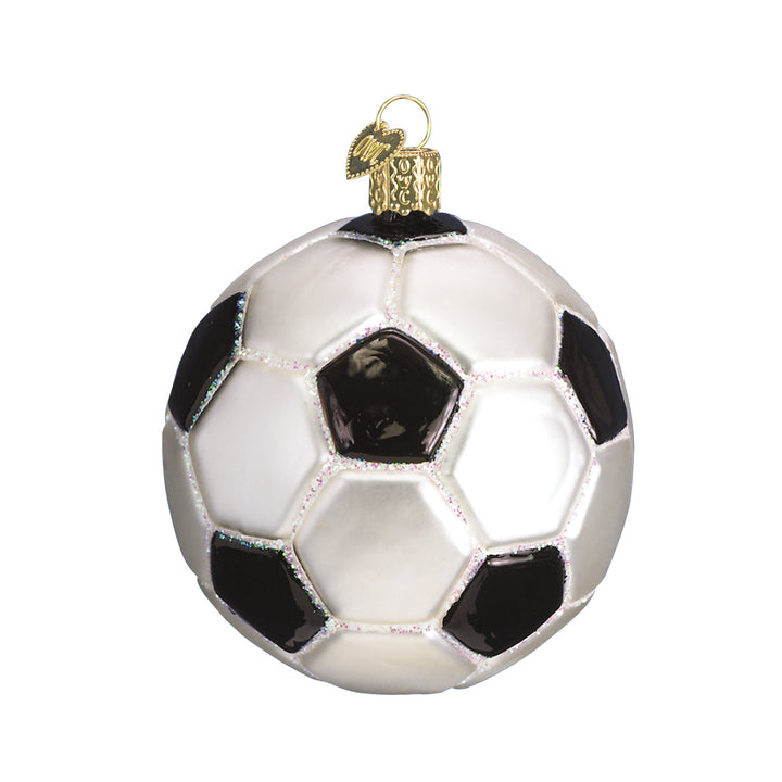 Black and white soccer ball glass ornament with gold cap, front view on white