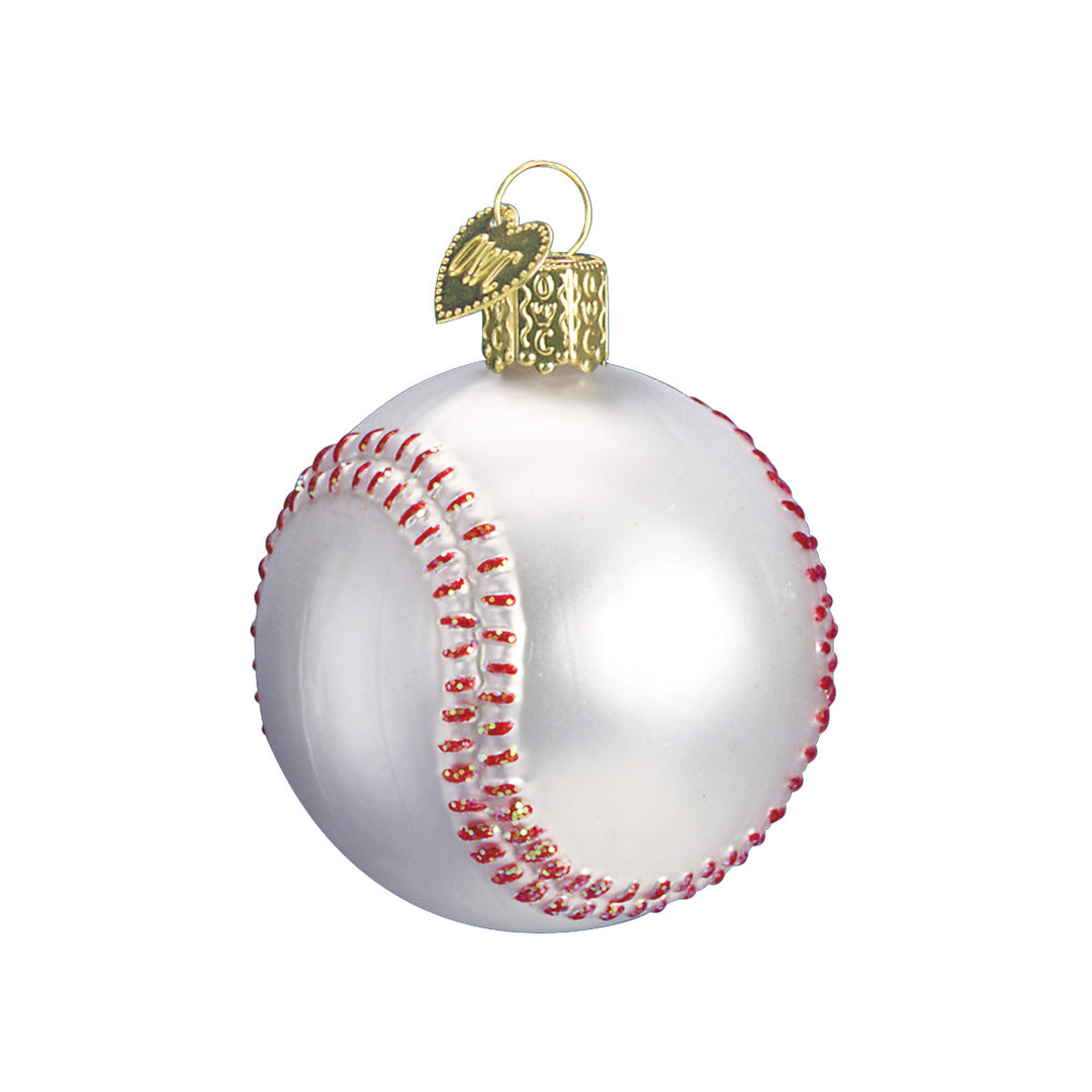 White baseball glass ornament with red stitched seams and gold cap, front view on white