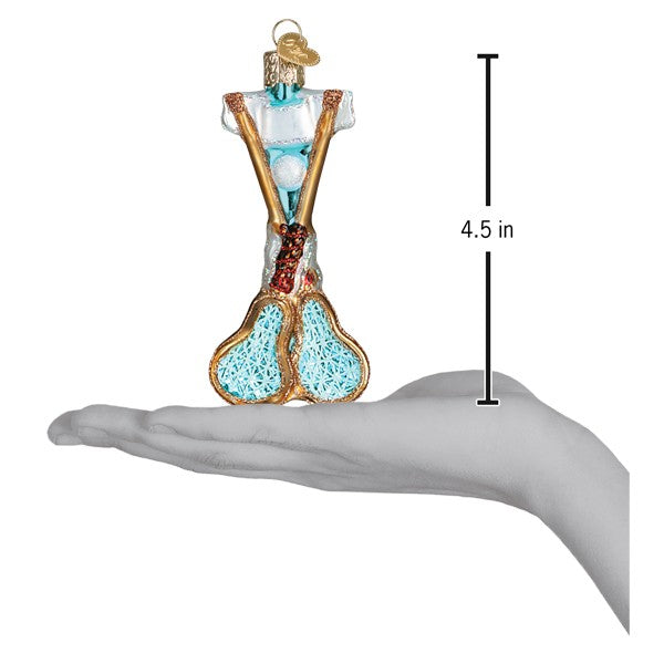 Lacrosse ornament on an open hand with a 4.5 inch scale marker beside it