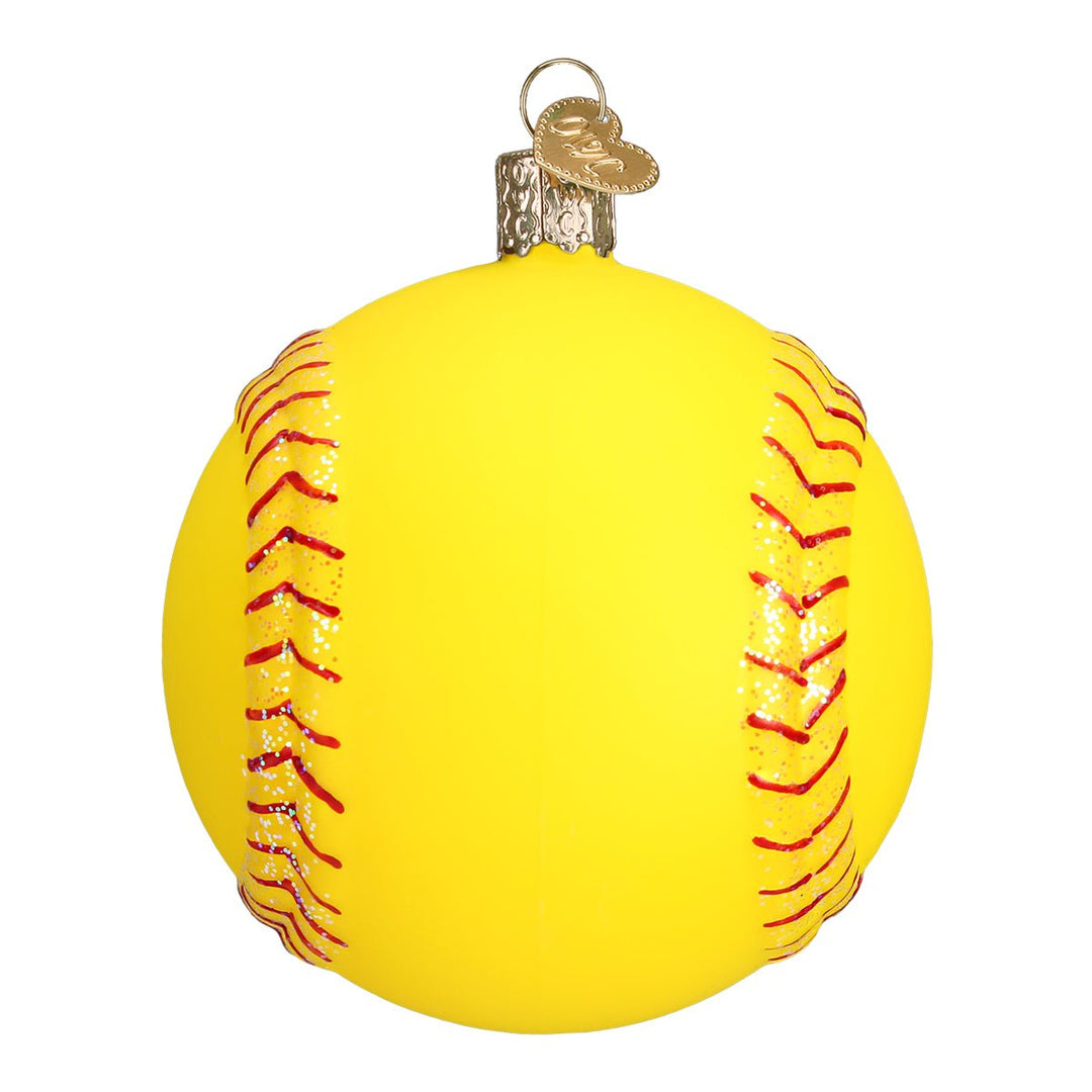 Yellow softball ornament with red stitching details, front view on a white background
