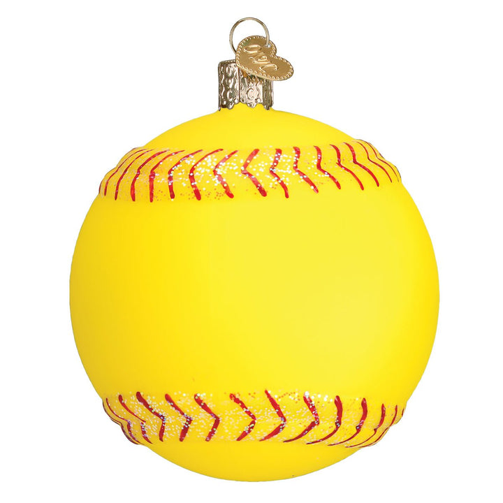 Back view of the yellow softball ornament showing the red stitching seam, on white