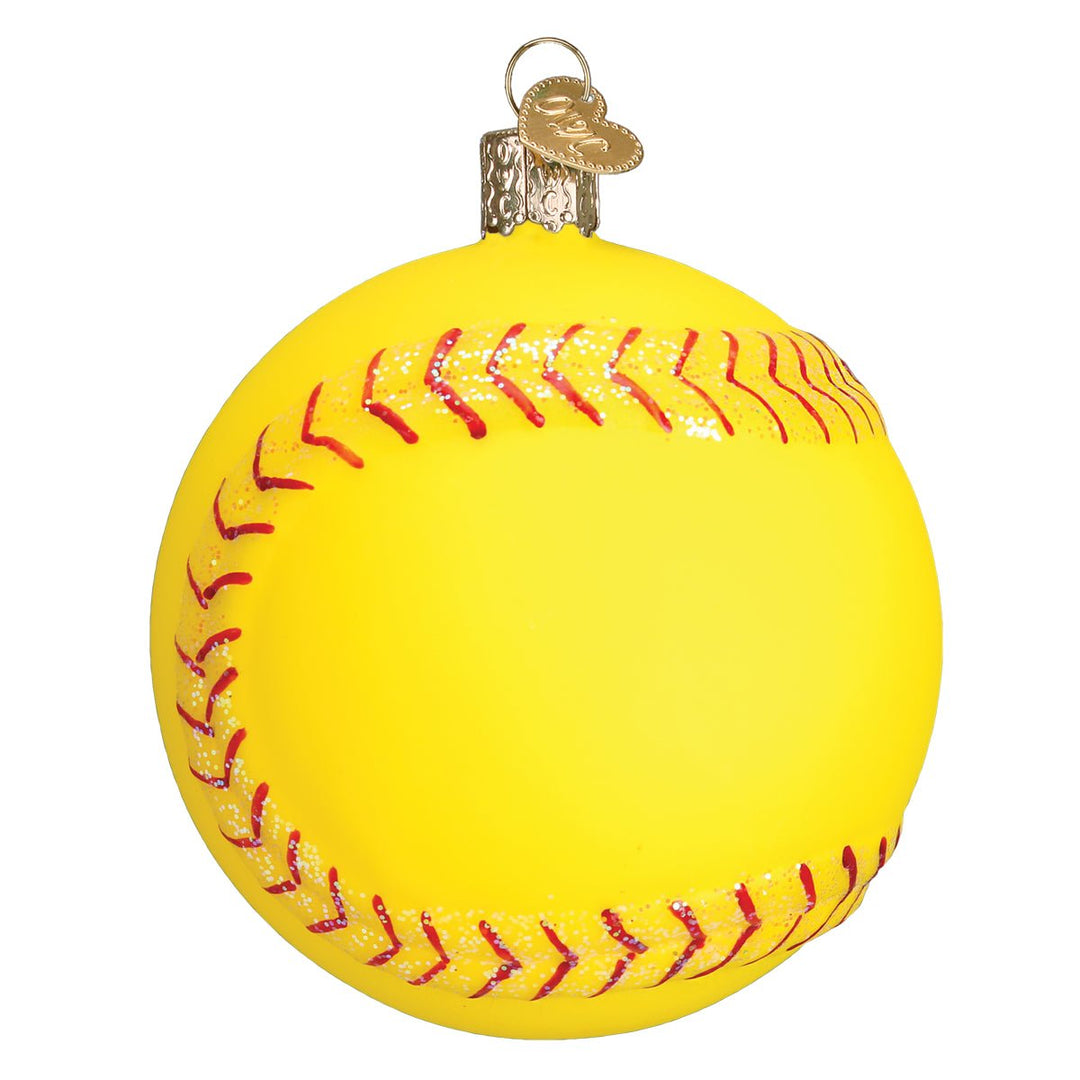 Side view of the yellow softball ornament and its cap and loop, on white