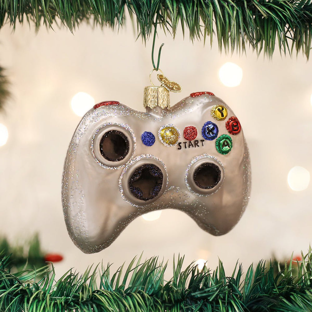 Video game controller ornament with colorful buttons, front view