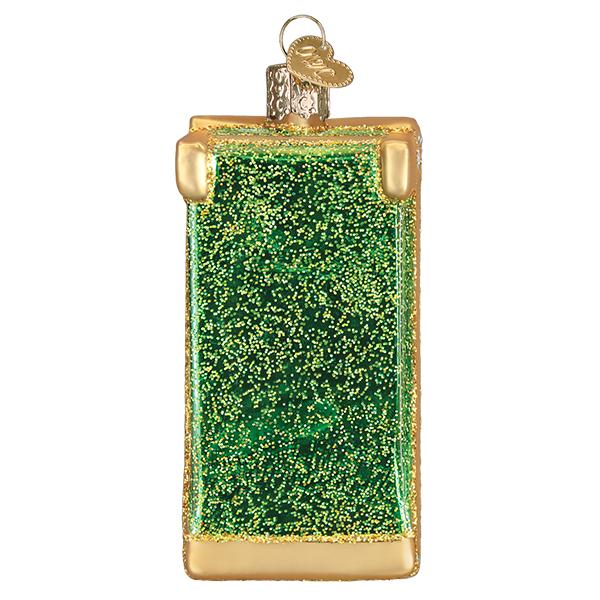 Back of the cornhole ornament covered in green glitter with a gold frame, on white