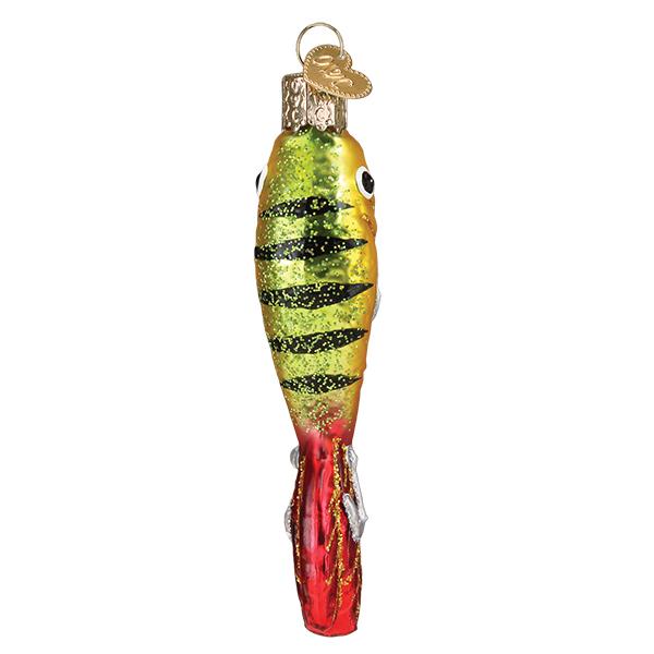 Top view of the fishing lure ornament showing dark stripes along its yellow back, on white