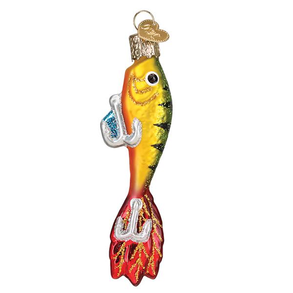 Opposite side of the fishing lure ornament with its red tail and treble hook, on white