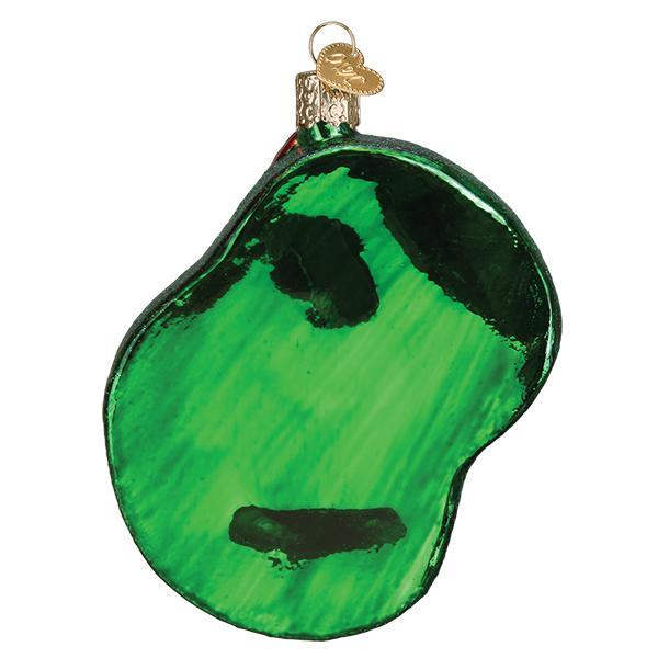 Back of the putting green ornament in glossy painted green glass, on white