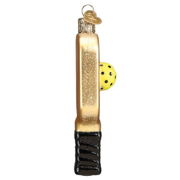 Side profile of the pickleball paddle ornament with the ball resting on its edge
