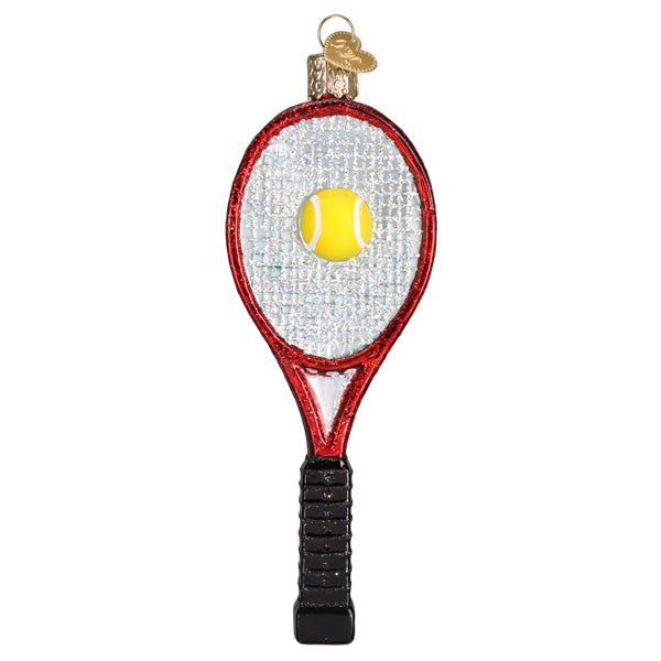 Red tennis racket glass ornament with white glittered strings, yellow ball, and black grip, on white