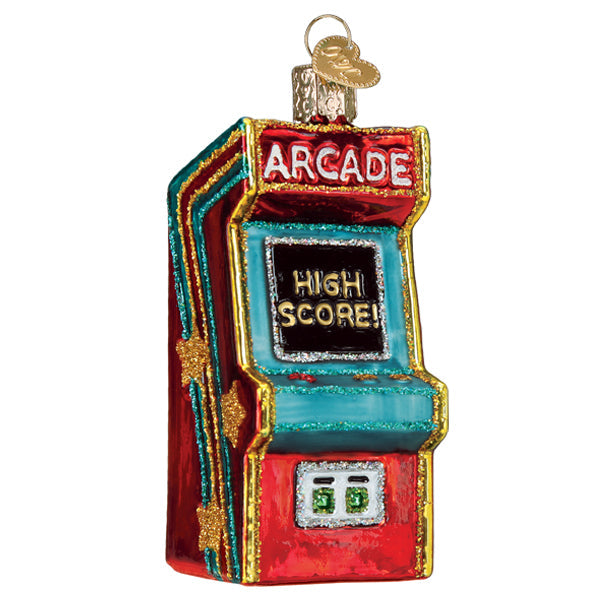 Red and blue arcade cabinet ornament reading ARCADE with HIGH SCORE on the screen, front view on white