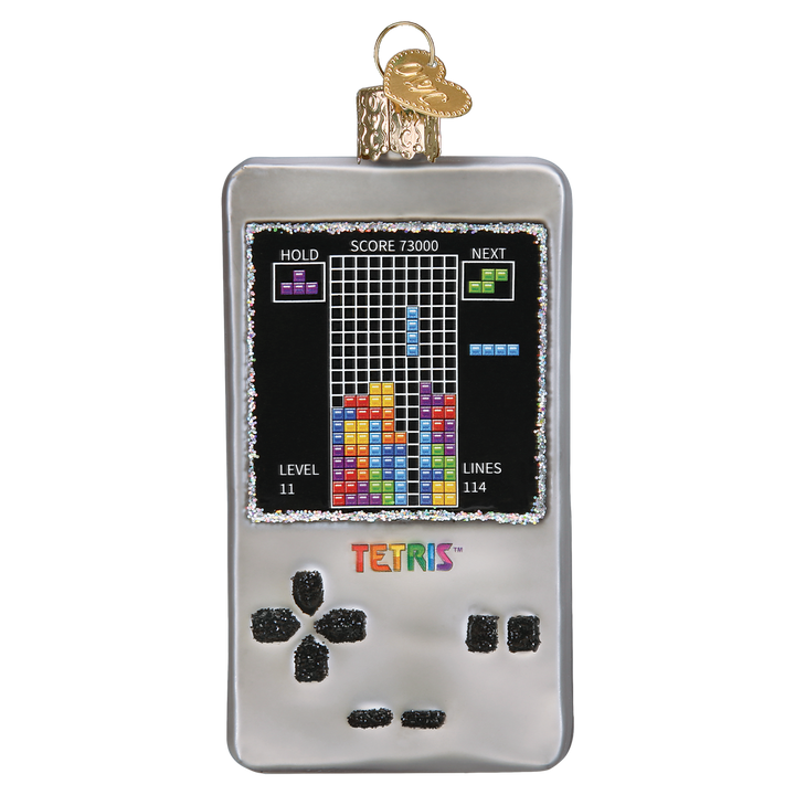 Tetris handheld game console ornament with a game on its screen, front view on a white background